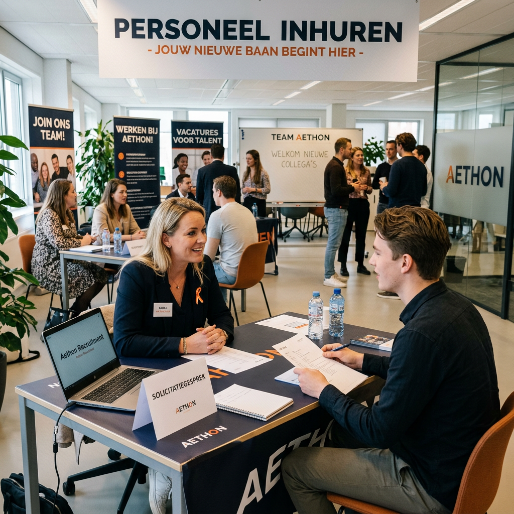 Aethon recruitment event with interviews, hiring signs, and text “Personeel inhuren”